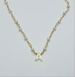 faux pearl necklace with gold plated chain and custom initial charm 