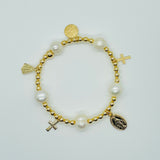 Gold plated beads with baroque pearls and cross pendant with 2 virgin Mary pendant