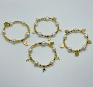 set of 4 gold bead bracelets with baroque pearls and peace sign charms crosses hearts and virgin mary pendant