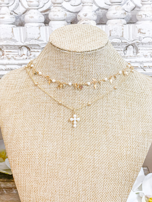 Nicole Cross and Pearl Choker Necklace